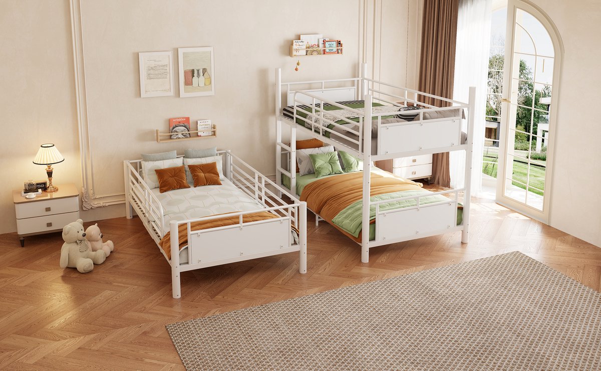 DESMIU Stapelbed 90 x 200 cm – Deelbaar Driepersoons Kinderbed Met 2 Ladders – Metalen Frame Met Hekken – Zonder Matras – Wit