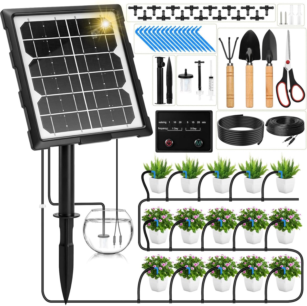 SnelShoppen - Zonne Irrigatiesysteem 900 ml/min Druppelirrigatieset met 15 Druppelaars, Automatisch Zelfbewateringssysteem met Timer, 15 m Slang en Tu