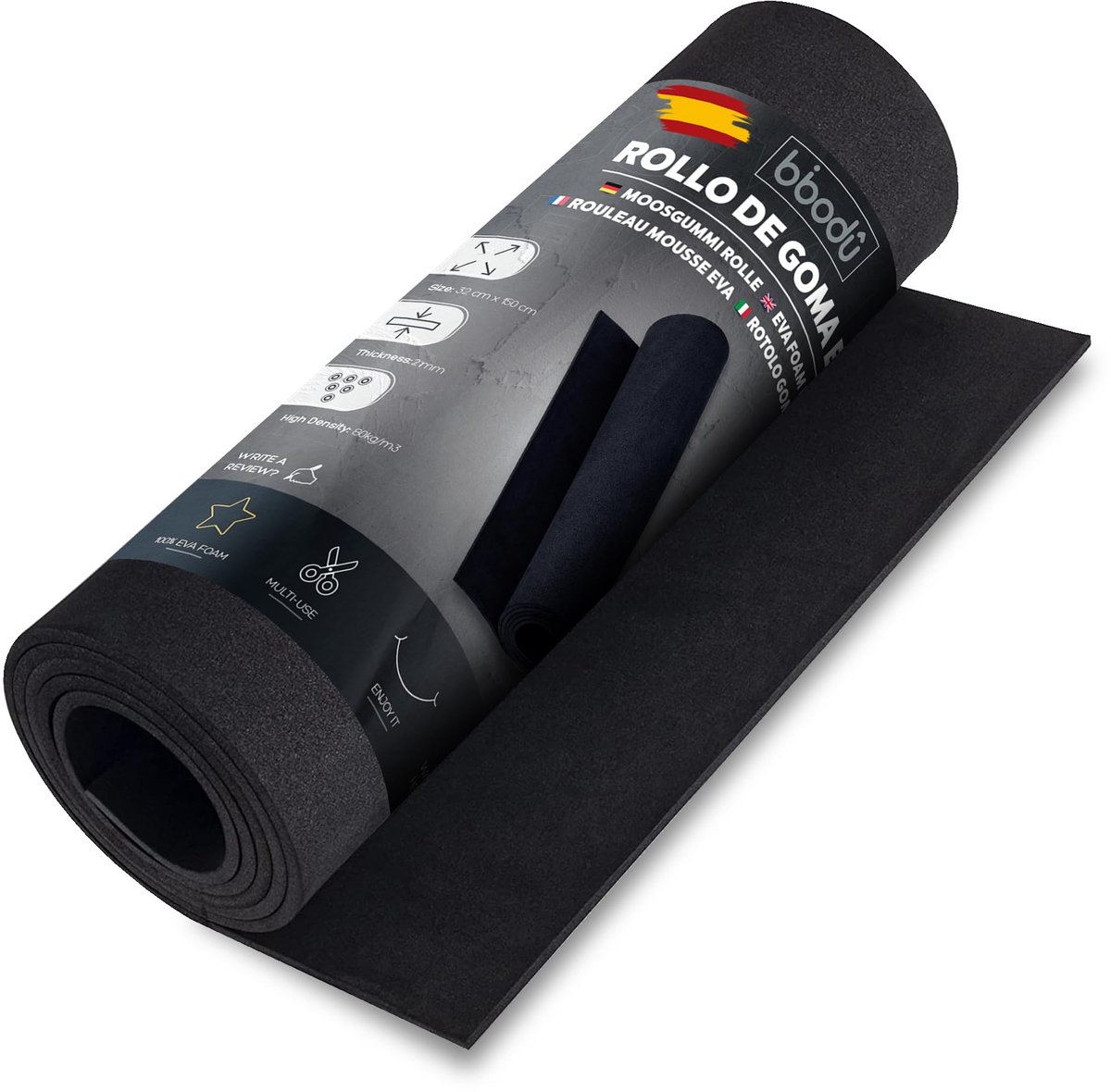 BIBODU EVA-rubberen rol van 2 mm dik in het zwart, grootte van de plaat: 150 cm x 32 cm, dichtheid van 80 kg/m³ - ShopVlot