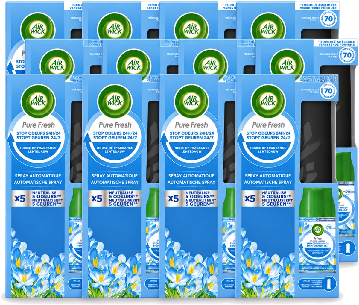 12 x Air Wick - Freshmatic Spray - Starterkit - Pure Fresh Lentedauw - 250 ml - Voordeelverpakking - 12 stuks