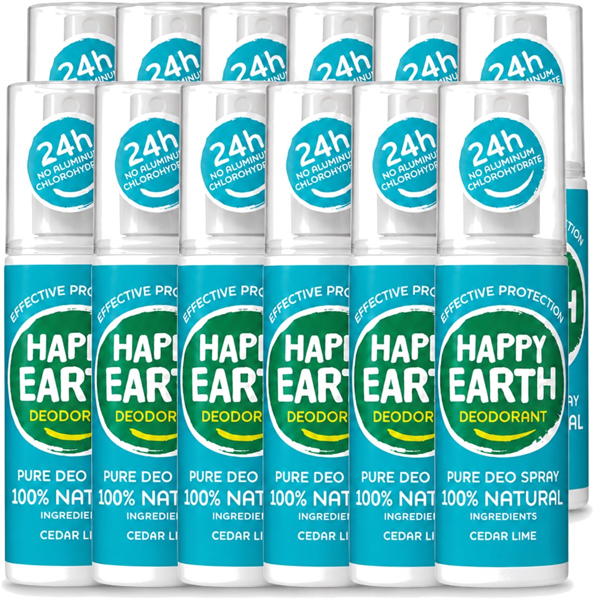 12 x Happy Earth – Deodorant Spray – 100% Natuurlijk Cedar Lime – 100 ml - Voordeelverpakking - 12 stuks