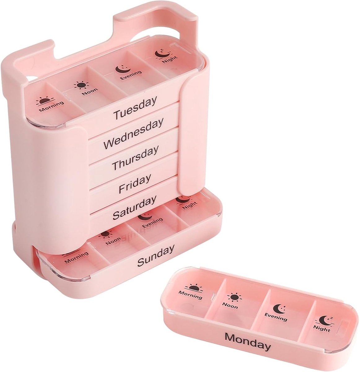 Tablettenbox voor 7 dagen met 4 vakken en toren-ladesysteem, veilige medicijnorganizer voor pillen