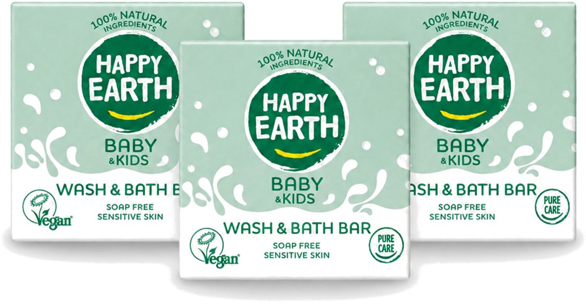 3 x Happy Earth – Wash & Bath Bar – 100% Natuurlijk Baby & Kids – 50 g - Voordeelverpakking - 3 stuks