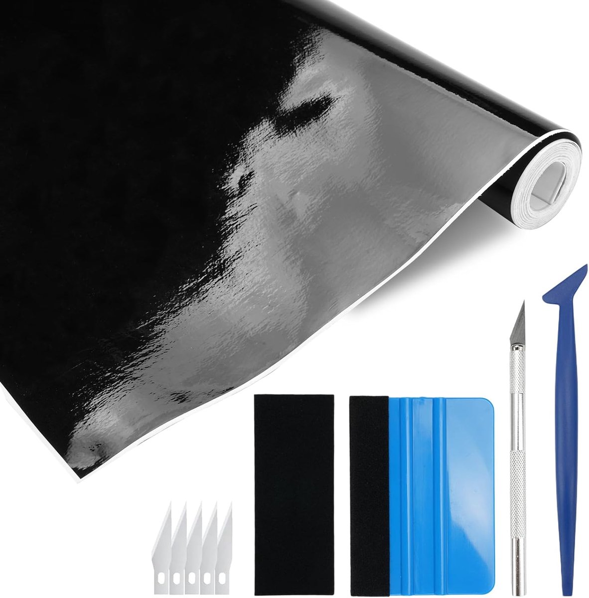 SnelShoppen - 30x300 cm Zwart Glanzend Car Film - Waterdichte Bubble Free Zelfklevende Vinyl Bescherming - Inclusief Tools voor Auto, Motor, Fiets - D