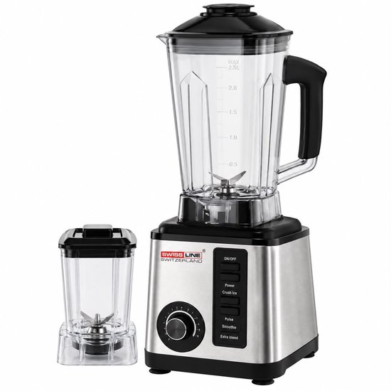 Zilverkleurige blender met glazen kan (2.5L) en extra molen. Bedieningspaneel met draaiknop en knoppen: ON/OFF, Power, Crush Ice, Pulse, Smoothie, Extra blend.