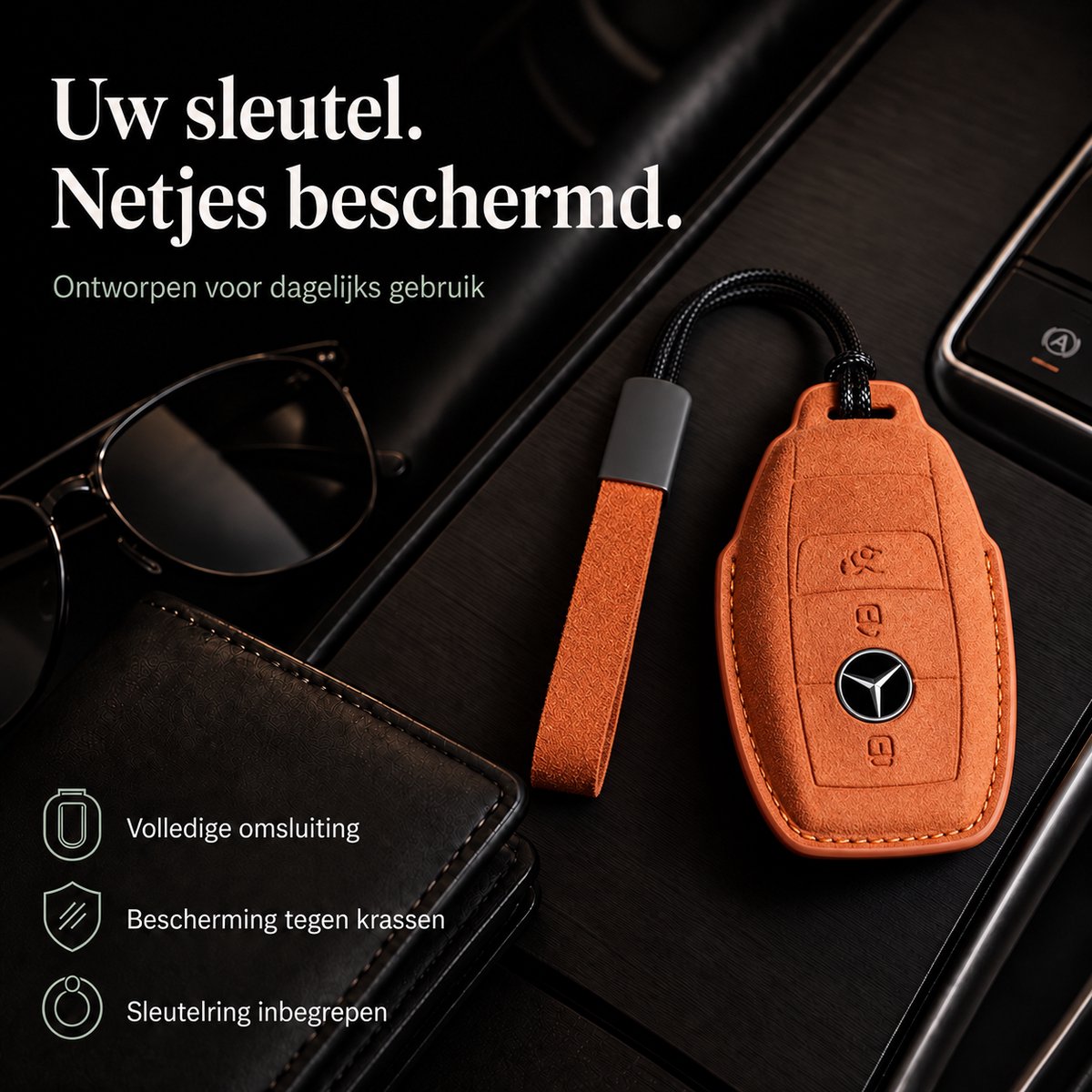 Zirkle Mercedes-Benz Autosleutel Hoesje Type C Oranje – Luxe Alcantara en Lederen Sleutelcover met Koord en Draaglus – Beschermhoes voor Mercedes A B C E S Klasse GLA GLB GLC GLK – Krasbestendige 3D Key Case