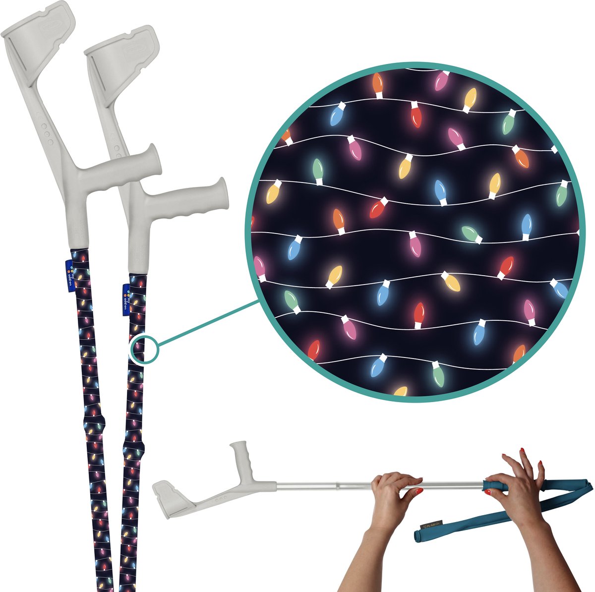 myCover Party Lights - 2 stuks - Trendy hoes voor krukken en wandelstokken, past op elke kruk of wandelstok, elastische stof, wasbaar 30°C, verschillende patronen - Excl. Kruk