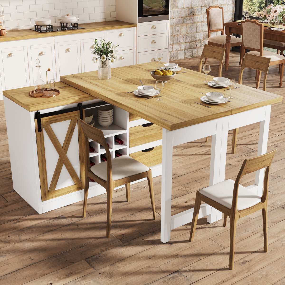 Keukenkast – Uitschuifbare Eettafel 120-197 cm – MDF en Metaal – Wit – Schuifdeur, Lades en Flessenhouder