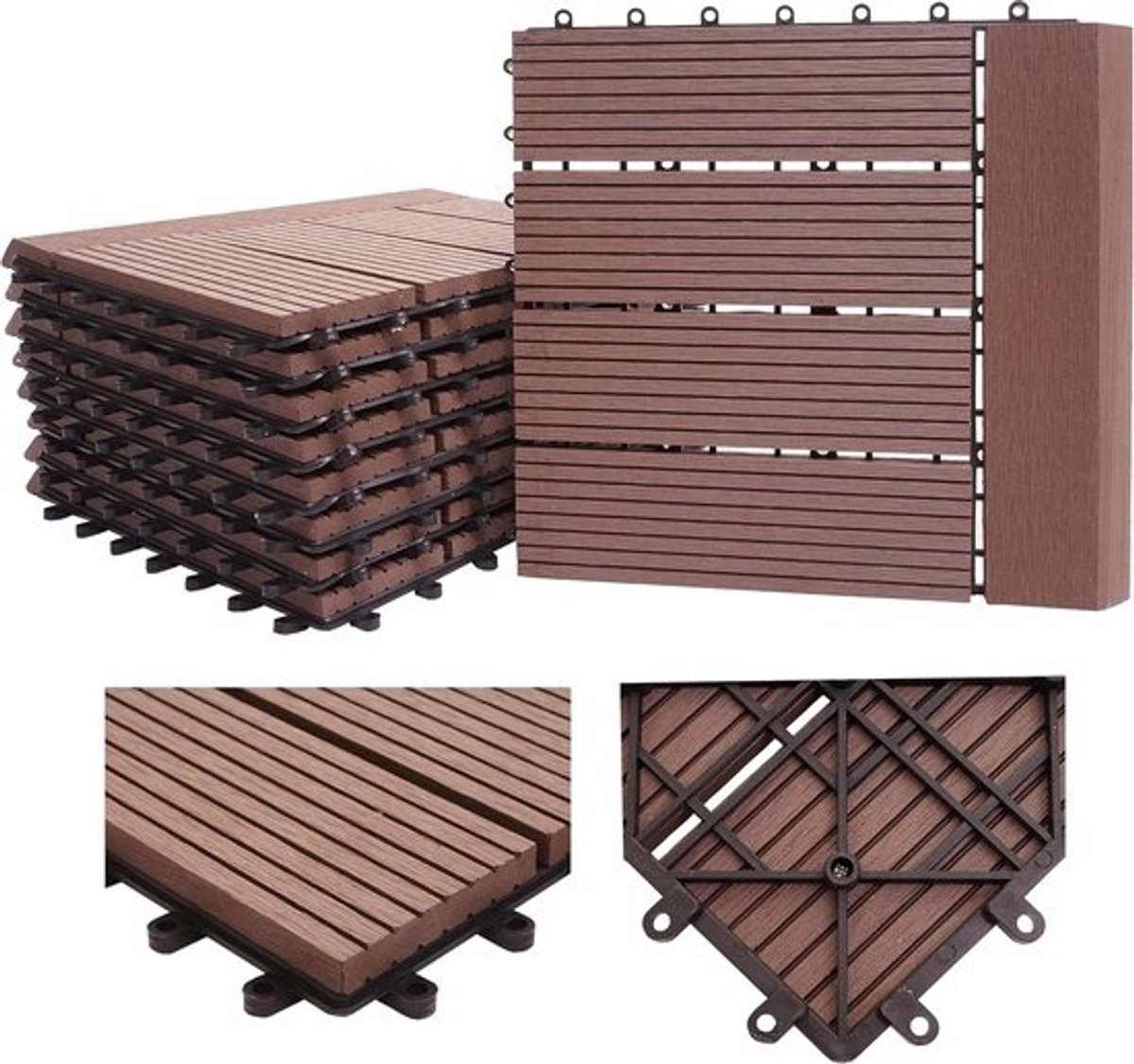 WPC-vloertegels - Kunststofhouttegels - Balkon - Terras aanleggen - Hoge belastbaarheid - 2000 kg/m² - 30 x 30 cm per tegel - Bruin