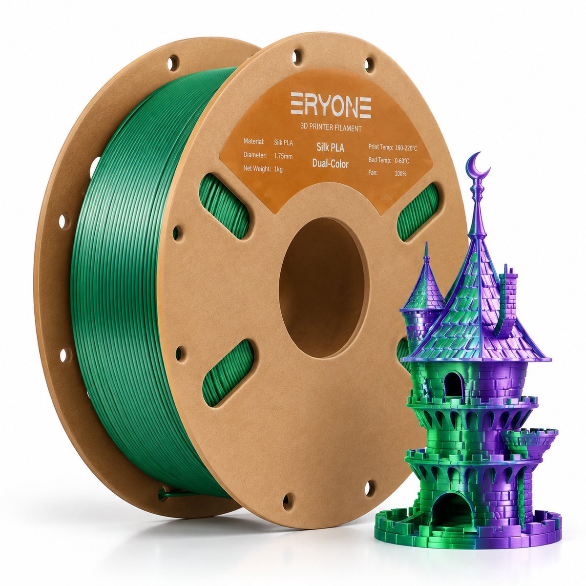ERYONE Silk PLA Dual Color Filament Groen Paars 1.75mm – 1kg – Two Color 3D Printer Filament – Zijdeglans PLA