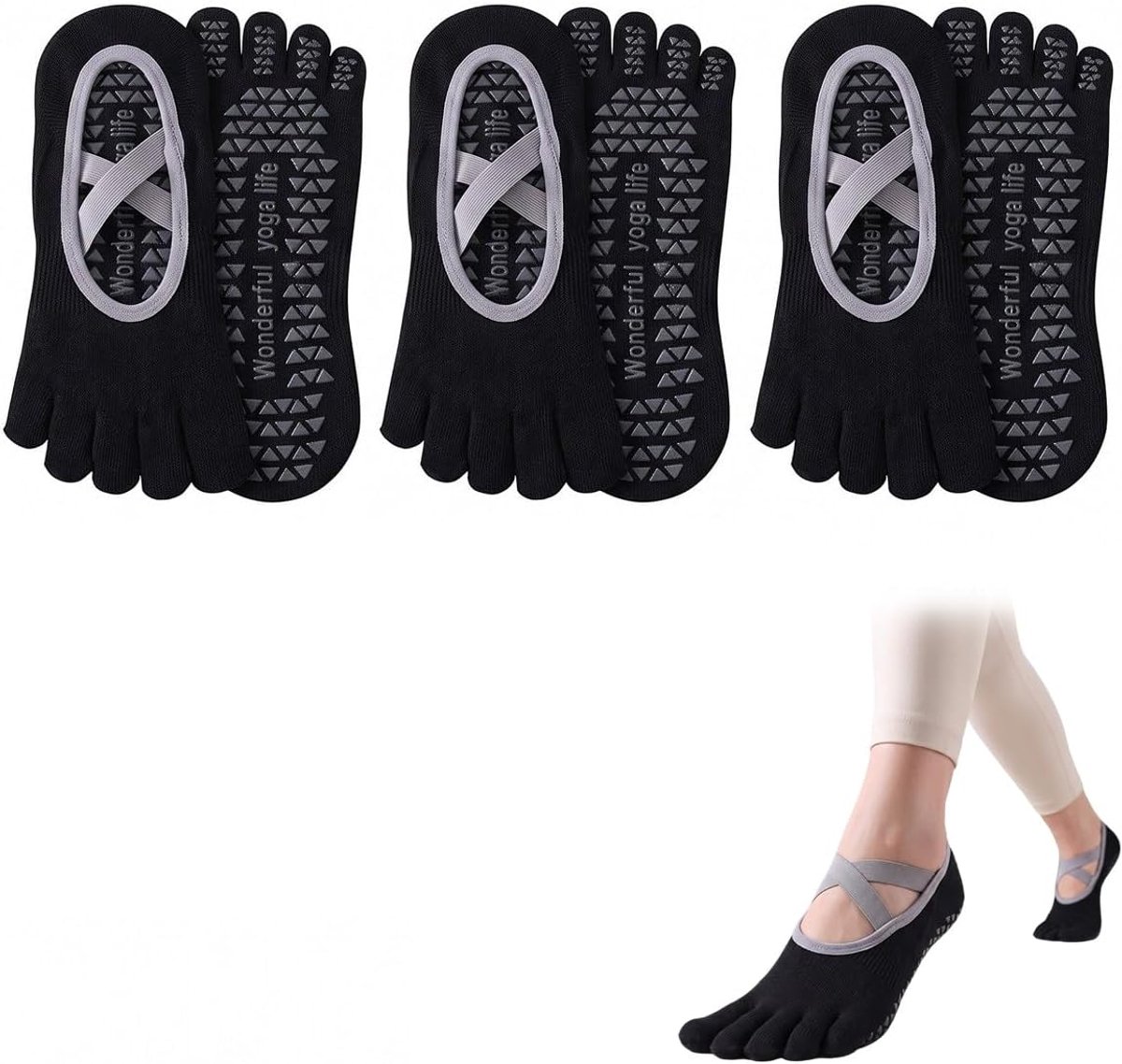 Yoga- en pilatessokken, antislip, met handgrepen en riemen, ademend, voor dames en meisjes, fitness en ballet, zwart - ShopVlot