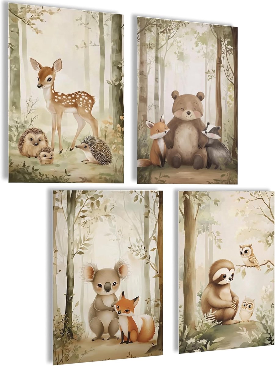 SnelShoppen - Kinderkamer Posters Set - Wanddecoratie voor Jongens en Meisjes - Schattige Bosdieren - Hoogwaardige Matte Afdrukken - Creatieve Kindere