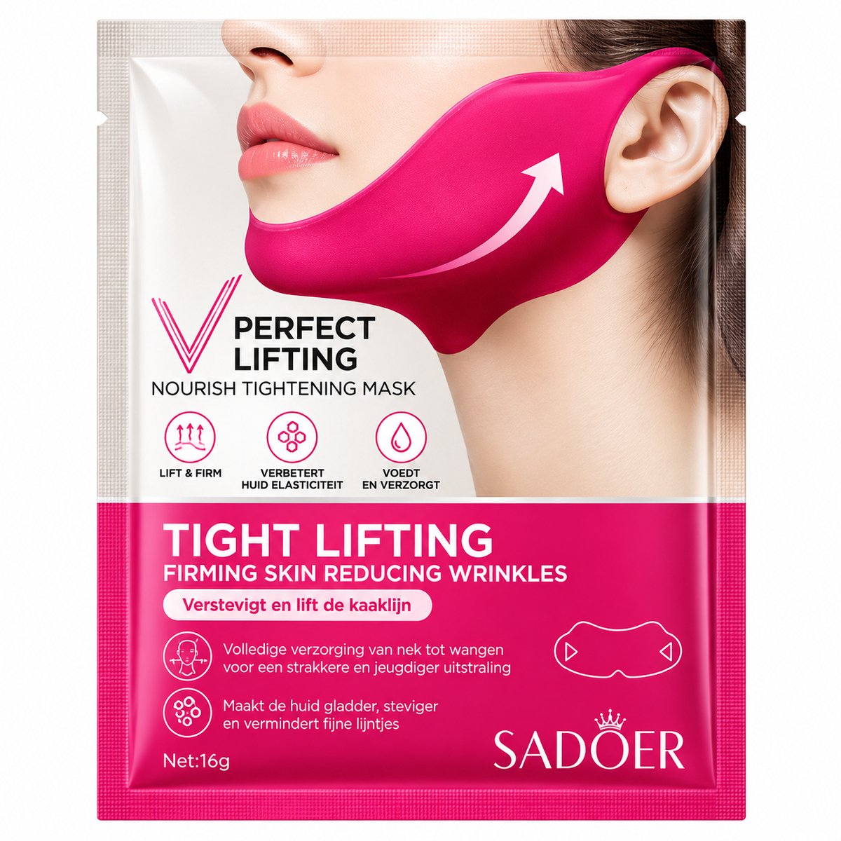 Sadoer V-Line Gezichtsmasker | V Gezichtsmasker | Hydraterend Masker | Collageen Masker | Hyaluronzuur | Gezichtsverzorging | Kaaklijn Masker | Hals Masker | Nano Hydrogel | Chin Mask | Oor-Ophanging | 16 g