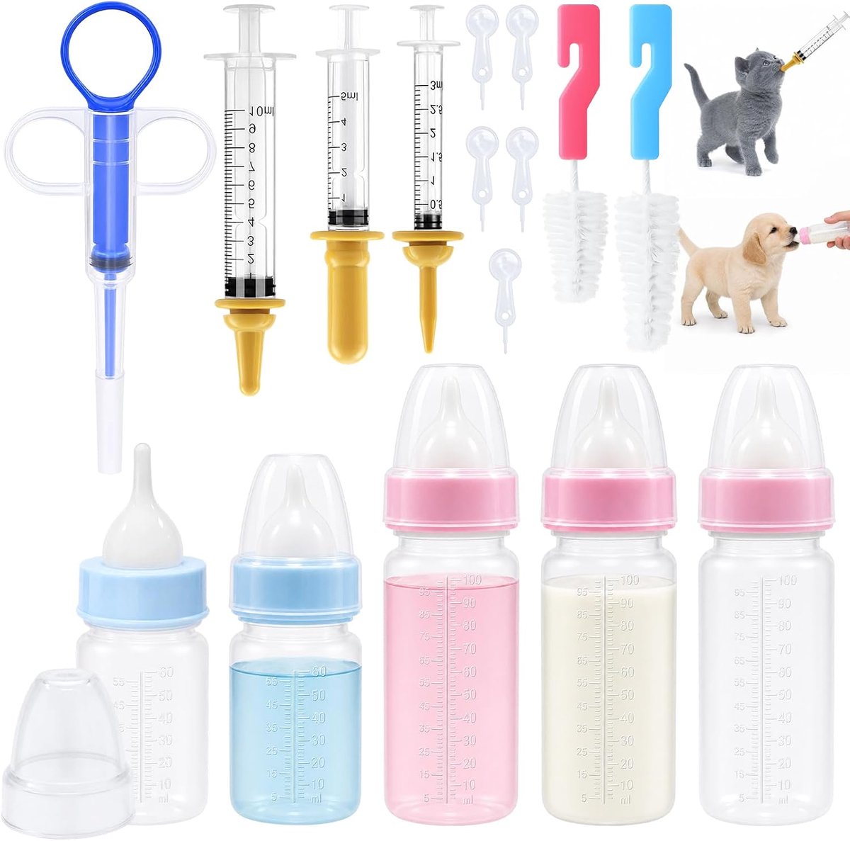 Kweekfles voor huisdieren 19 stuks - 60/100 ml flesjes - Inclusief spuiten en tabletdispenser - ShopVlot