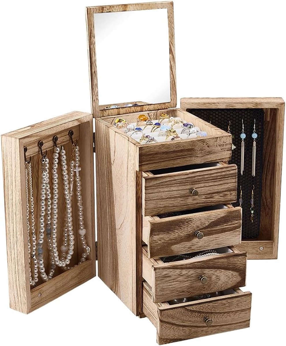 Sieradenkistje voor dames - 5 vakken - rustiek hout - opbergdoos met spiegel - ShopVlot
