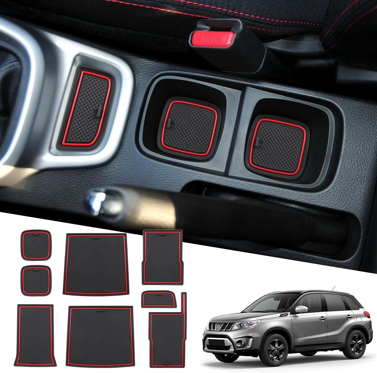 SnelShoppen - Center Console Mat Rubber voor Vitara 2016-2024 - Antislip en Geluidsdempende Accessoires - 8 Stuks Coasters - Rood