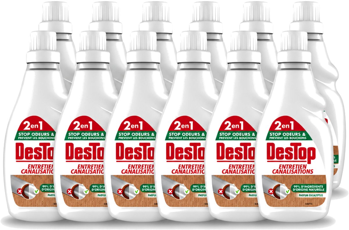 12 x DesTop - Onderhoud Leidingen - Ecologisch met Witte Azijn - Natuurlijke Ingrediënten - Eucalyptusgeur - 750 ml - Voordeelverpakking - 12 stuks