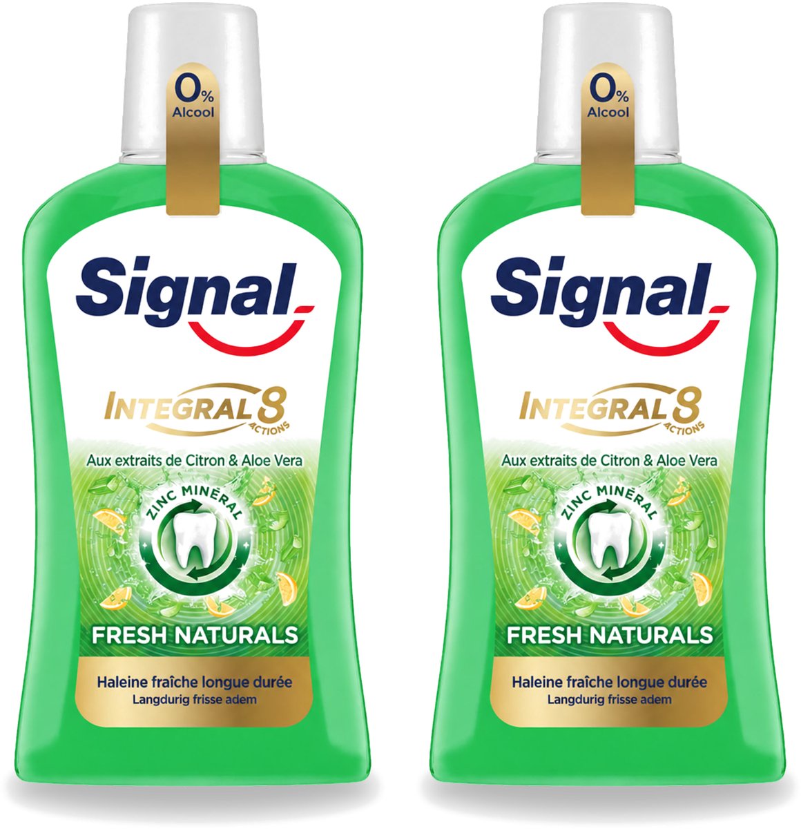 2 x Signal - Integral & Actions - Mondwater - 0 % Alcohol - Fris Natuurlijk - Citroen & Aloë Vera - 500 ml - Voordeelverpakking - 2 stuks