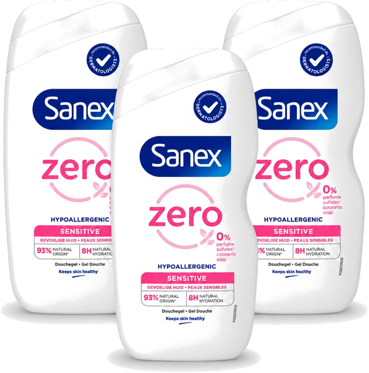 3 x Sanex Zero% - Douchegel - Gevoelige Huid - 0% Parfumsulfaten - Hypoallergeen - 400 ml - Voordeelverpakking - 3 stuks