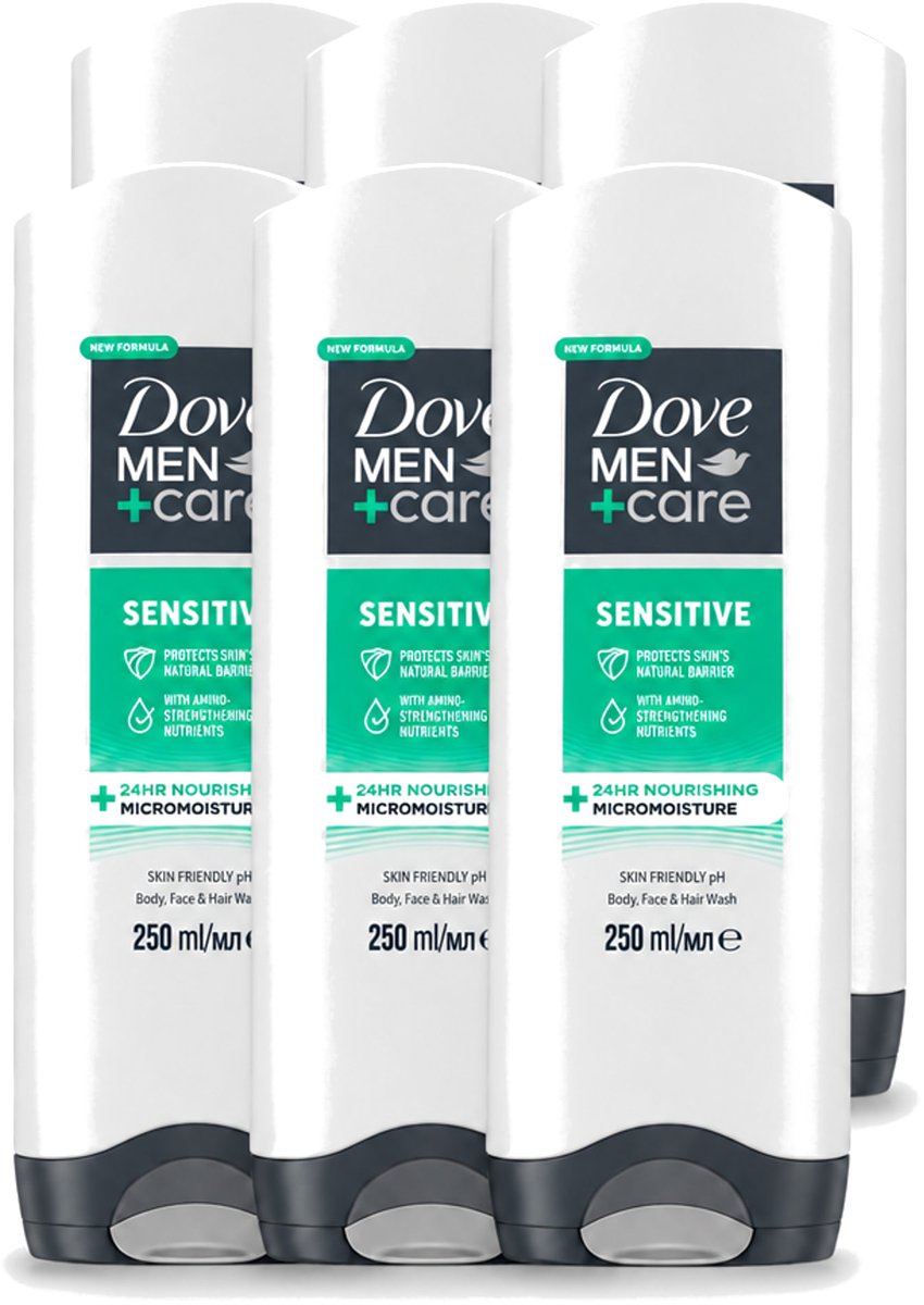 6 x Dove Men+Care - Sensitive - Douchegel 3-in-1 - Verzorgend - 250 ml - Voordeelverpakking - 6 stuks