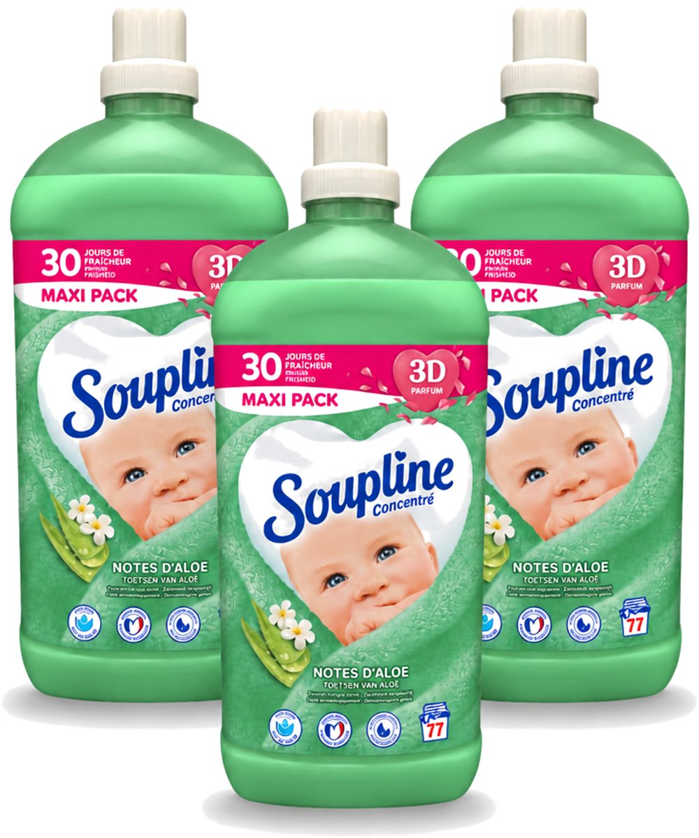 3 x Soupline - Wasverzachter - Aloë Vera Concentraat - 77 Wasbeurten - Voordeelverpakking - 3 stuks
