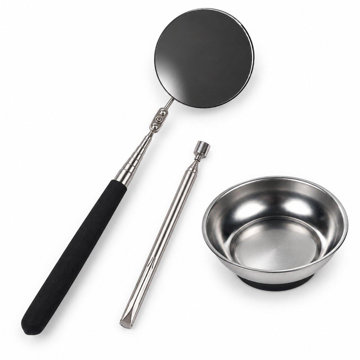 Inspectieset 3-delig - Telescopische spiegel 85 mm - Magneetpen 700 g - Magnetische onderdelenbak 10 cm