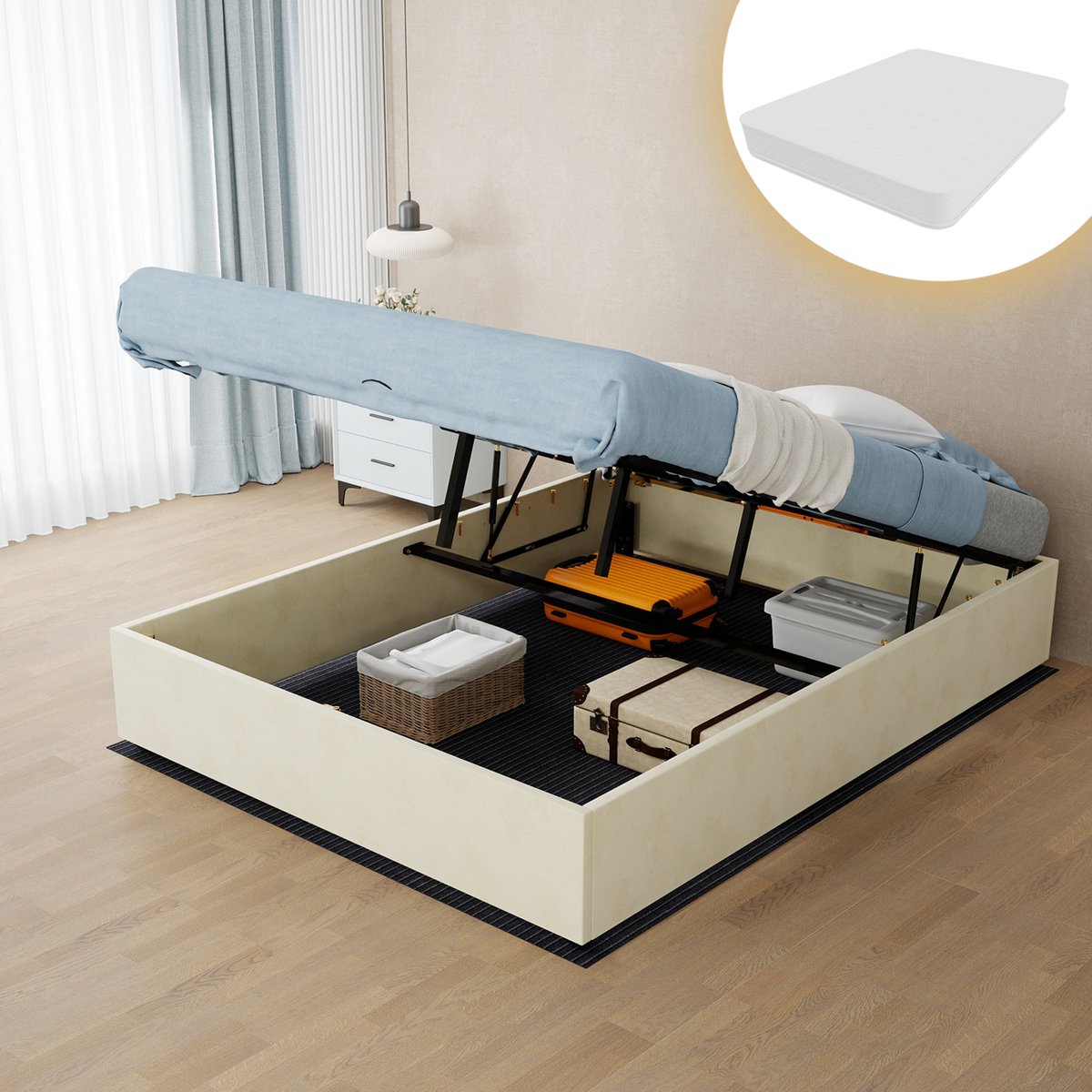 AURA LUMEN Gestoffeerd bed-Twijnfelaarbed-140 x 200 cm-Hydraulisch bed met gasveer-Beige-Met matras