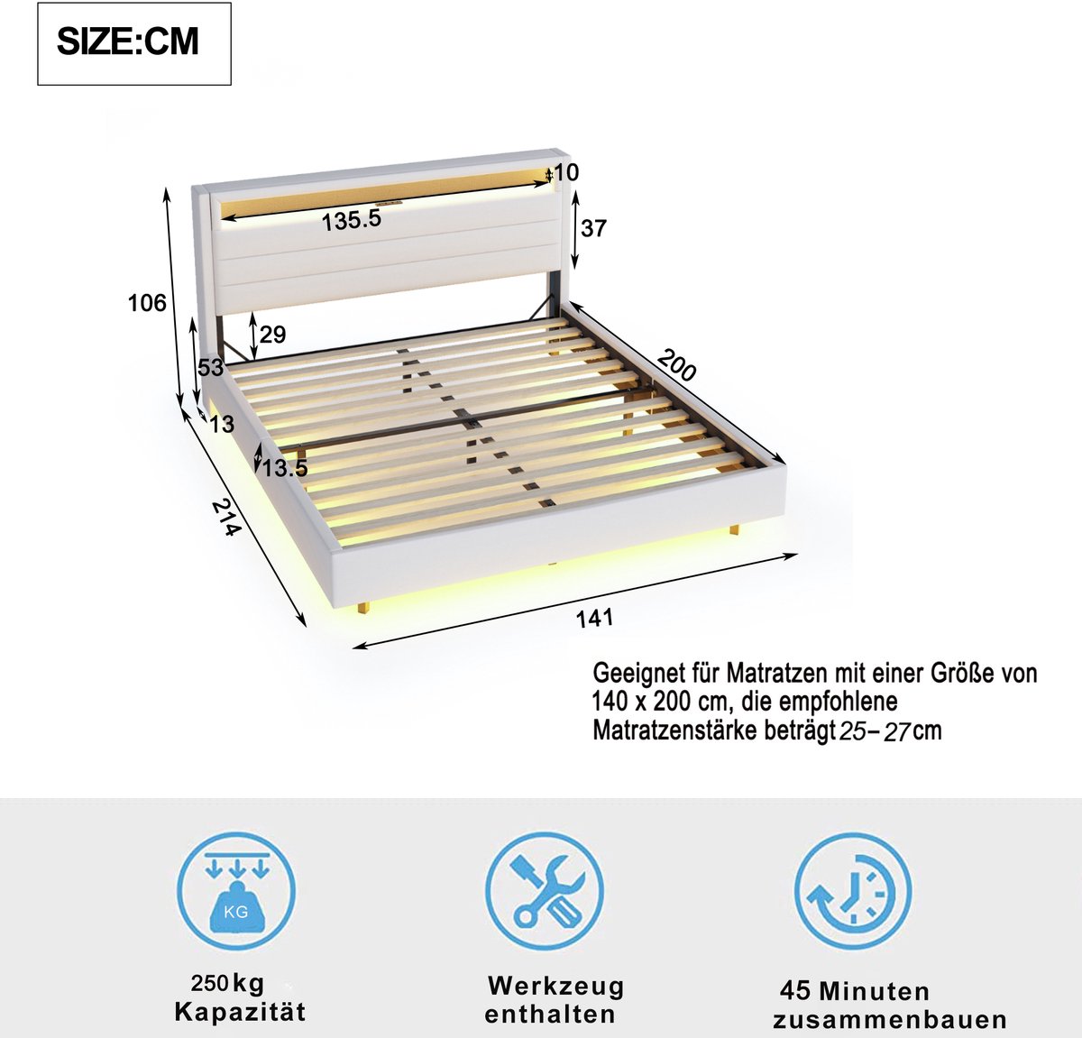 AURA LUMEN Gestoffeerd bed Twijfelaarbed 140x200 cm met LED-verlichting en USB-aansluiting wendbaar hoofdbord beige