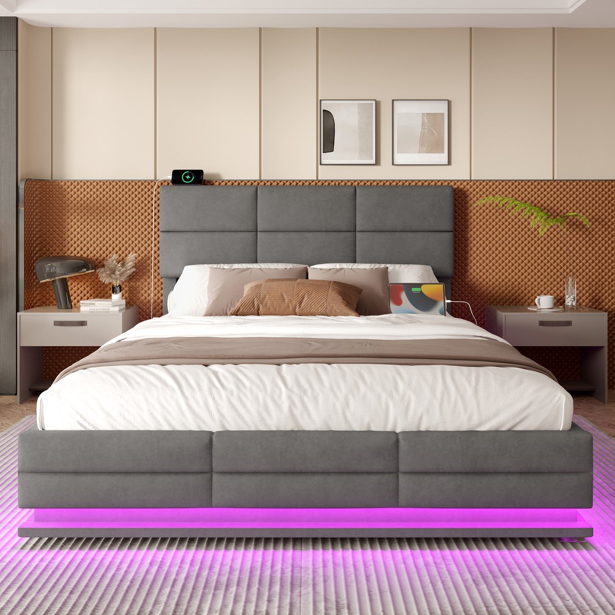 AURA LUMEN Gestoffeerd bed Tweepersoonsbed 160 x 200 cm met hydraulisch lift-systeem-bed met opbergruimte-bed met LED en USB-grijs-Zonder matras