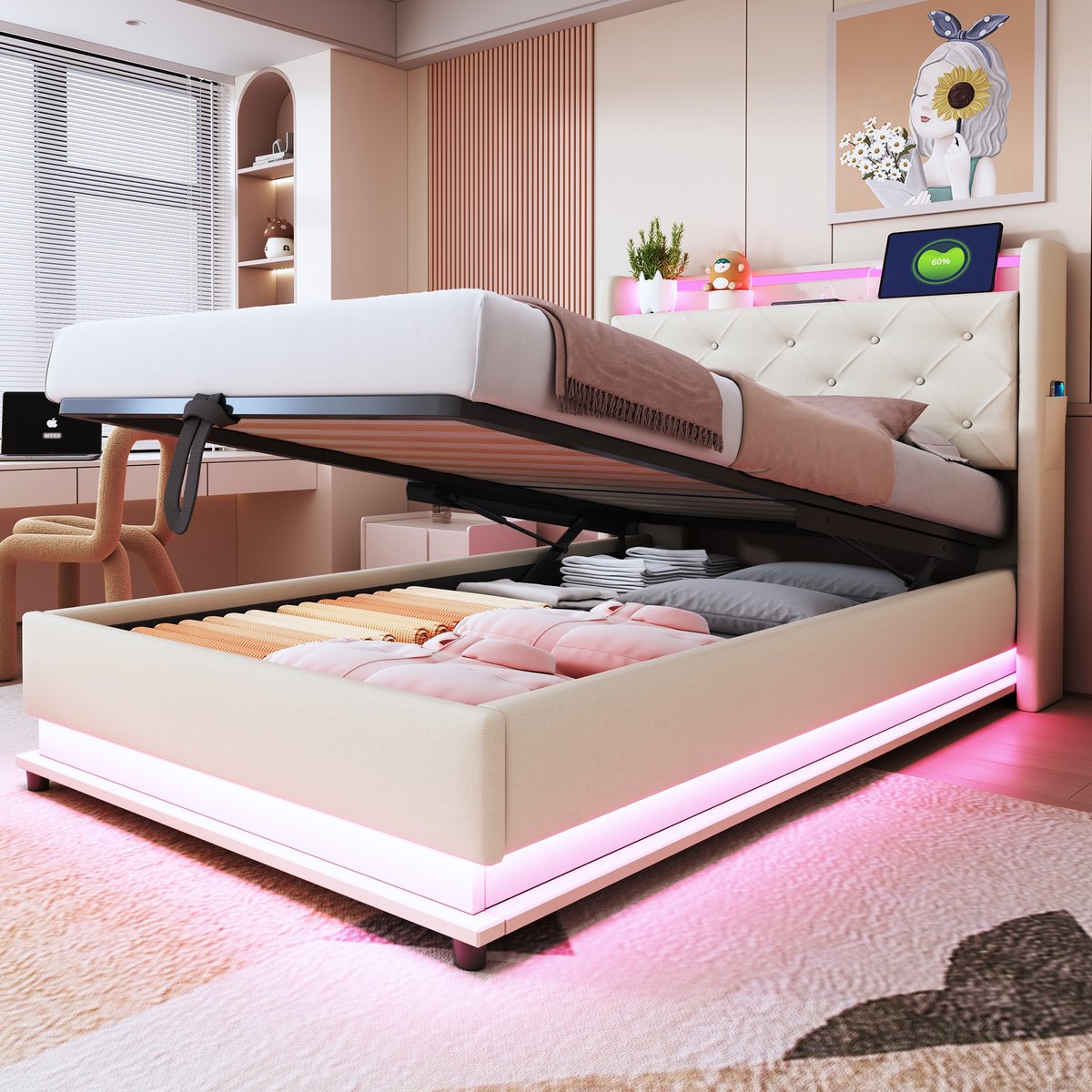 AURA LUMEN Gestoffeerd bed-Eenpersoonsbed-90 x 200 cm-Hydraulisch stauraum-Bed met LED en USB-Beige