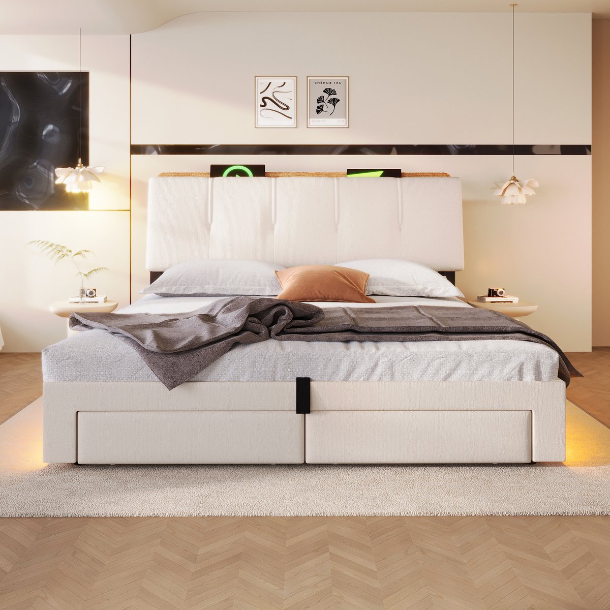 AURA LUMEN Gestoffeerd bed Twijfelaarbed 140x200 cm Hydraulisch opbergbed Bed met LED en USB-Typ-C Beige