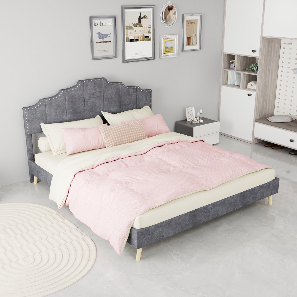 AURA LUMEN-Gestoffeerd bed-Tweepersoonsbed-160 x 200 cm-Zacht hoofdbord-Geometrisch design-Grijs