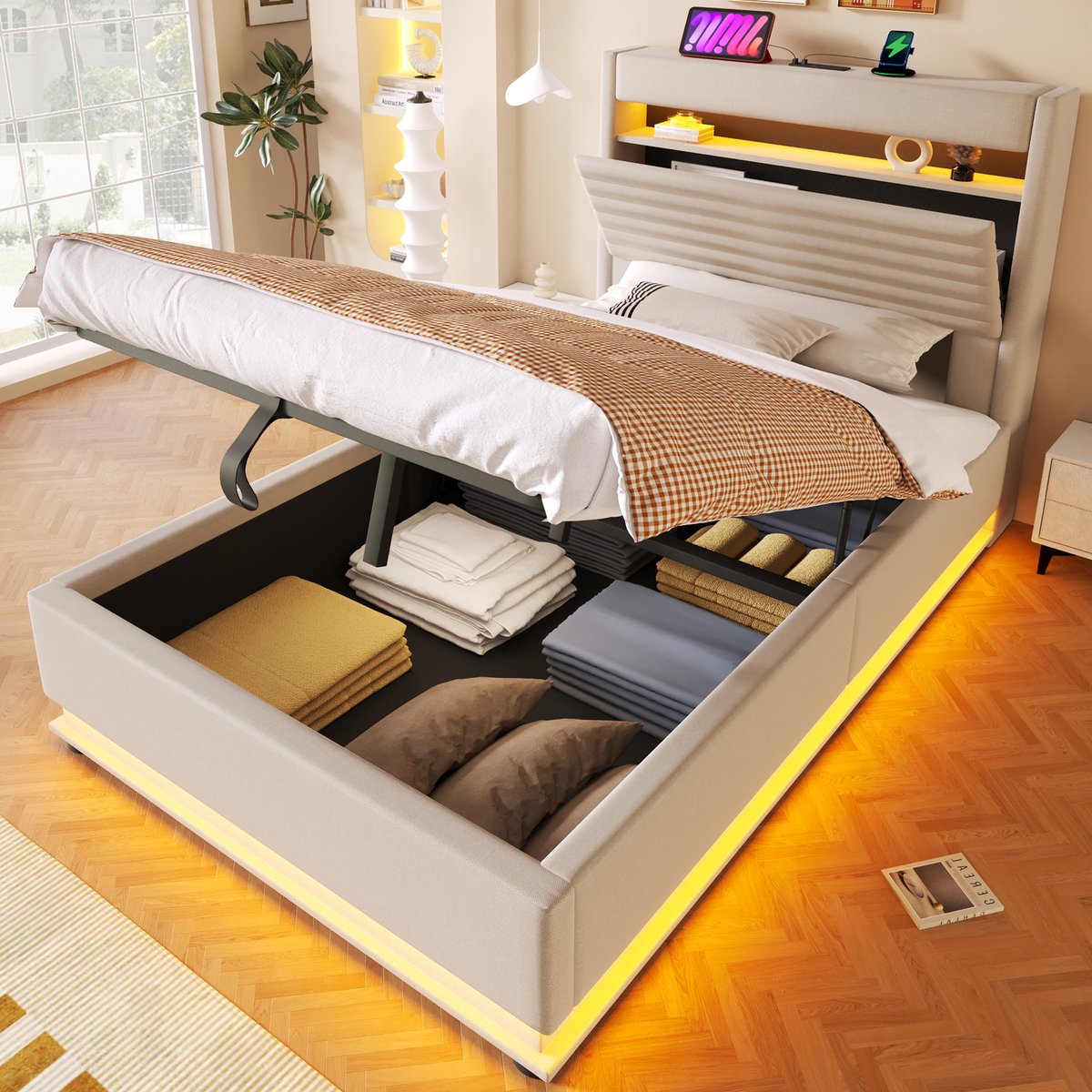 AURA LUMEN Gestoffeerd bed-Eenpersoonsbed-90 x 200 cm-Hydraulisch bed-Bed met LED en USB-Beige