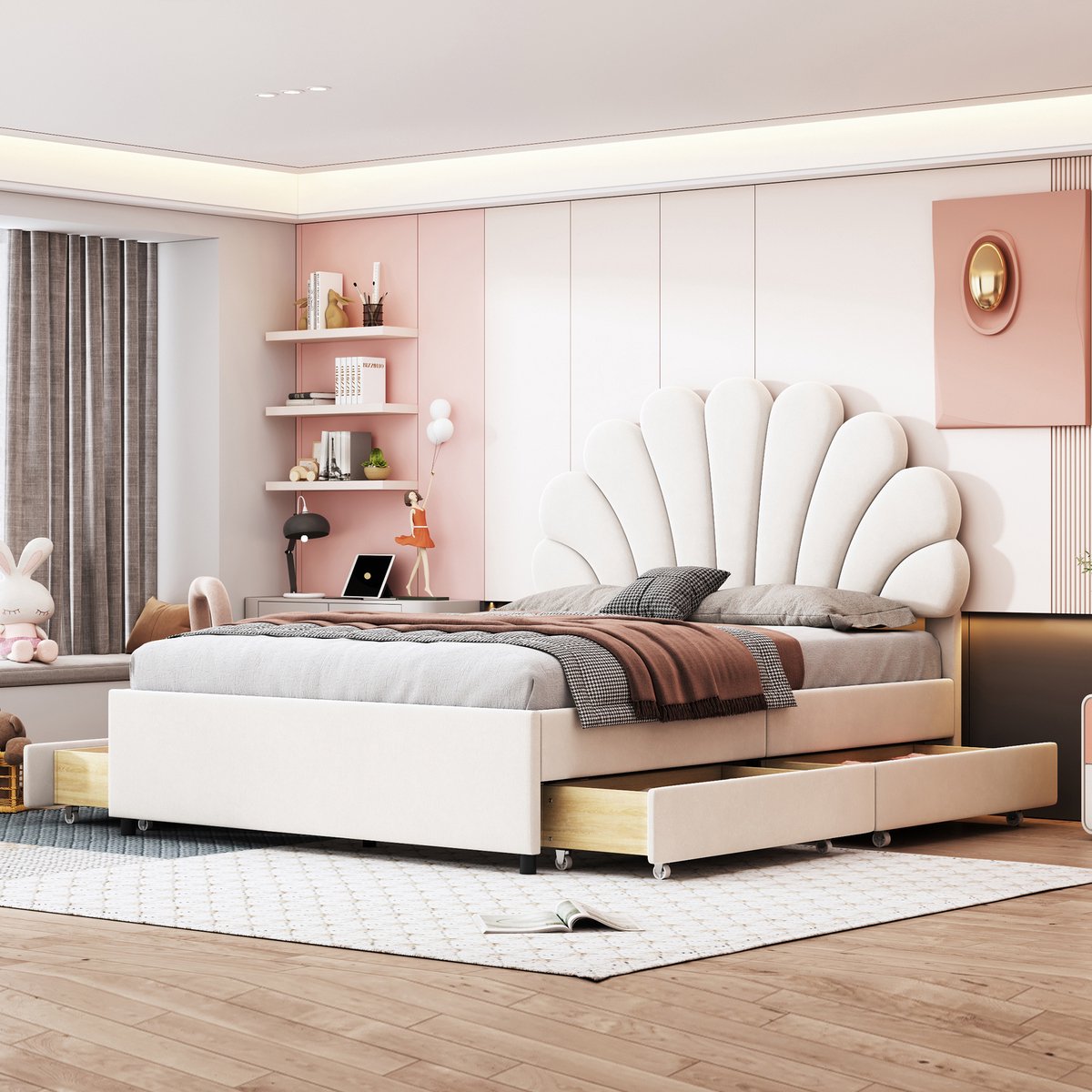 AURA LUMEN Gestoffeerd bed-Twijfelaarbed-140 x 200 cm-Bed met opbergruimte-Bed met hoofdbord-Beige