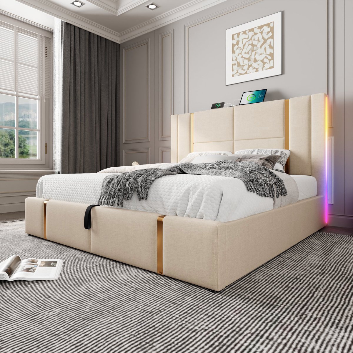 AURA LUMEN Gestoffeerd bed Twijfelaarbed 140x200 cm met opbergruimte hydraulisch bed met LED en USB-Type-C kopbord beige