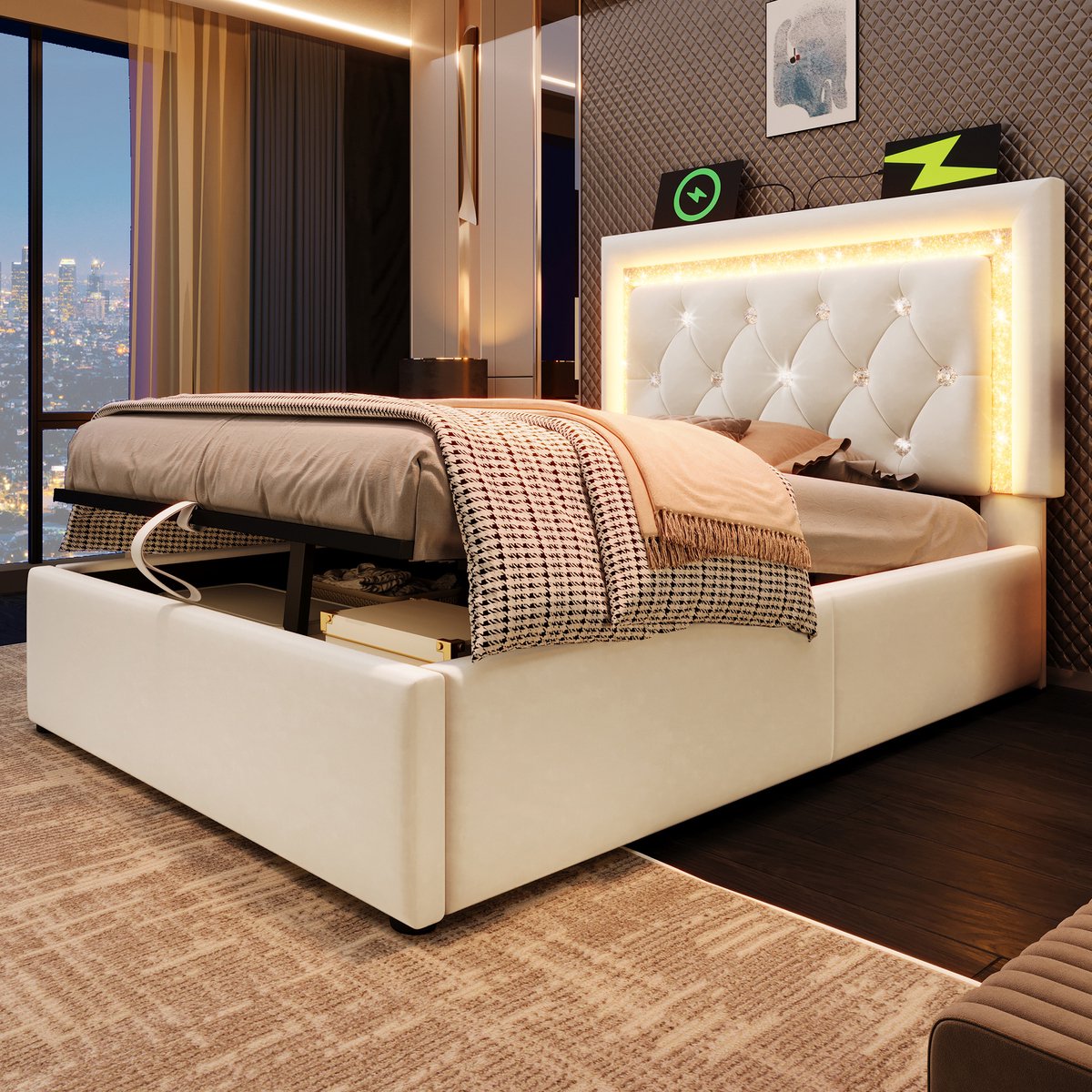 AURA LUMEN Gestoffeerd bed Eenpersoonsbed 90 x 200 cm met LED-diamantband in hoofdbord USB en Type-C oplaadstation hydraulisch opbergbed beige