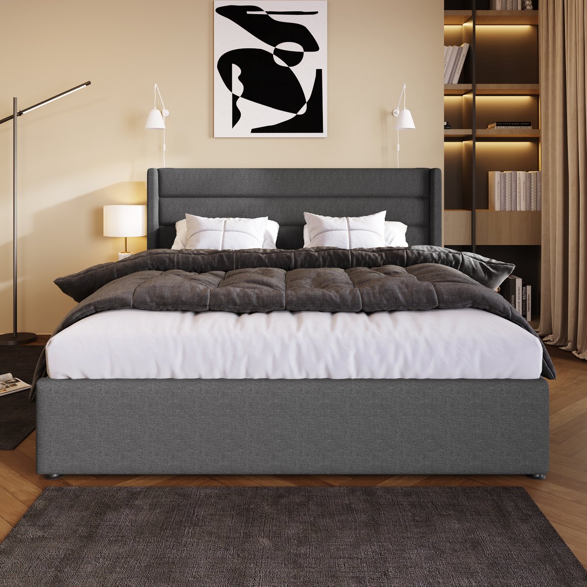 AURA LUMEN Gestoffeerd bed-Twijfelaarbed-140 x 200 cm-Hydraulisch bed-Bed met opbergruimte-Grijs