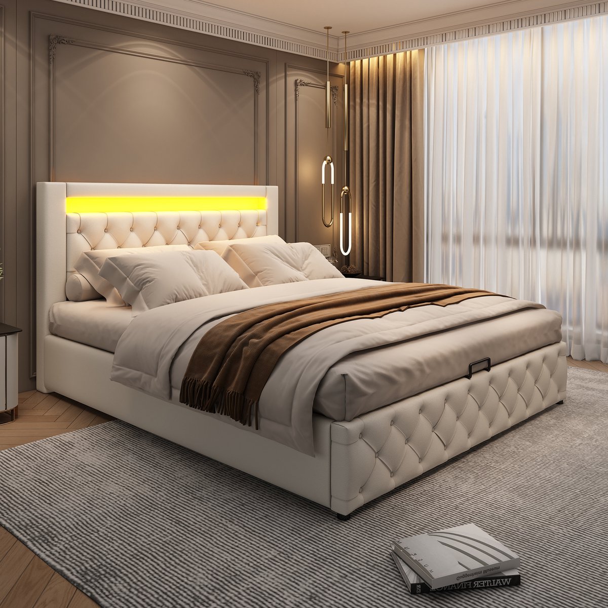 AURA LUMEN-Gestoffeerd bed-Tweepersoonsbed-160 x 200 cm-Bed met opbergruimte-Bed met LED en USB-Wit