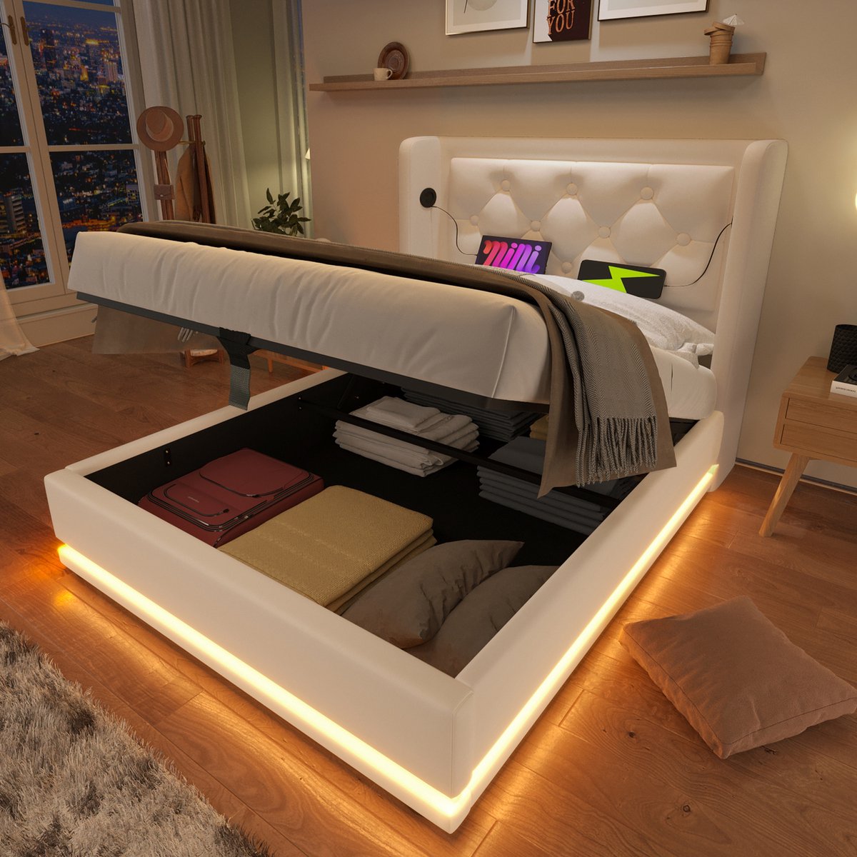 AURA LUMEN Gestoffeerd bed-Eenpersoonsbed-90 x 200 cm-Hydraulisch bed met opbergruimte-Bed met LED en USB-White-Zonder matras