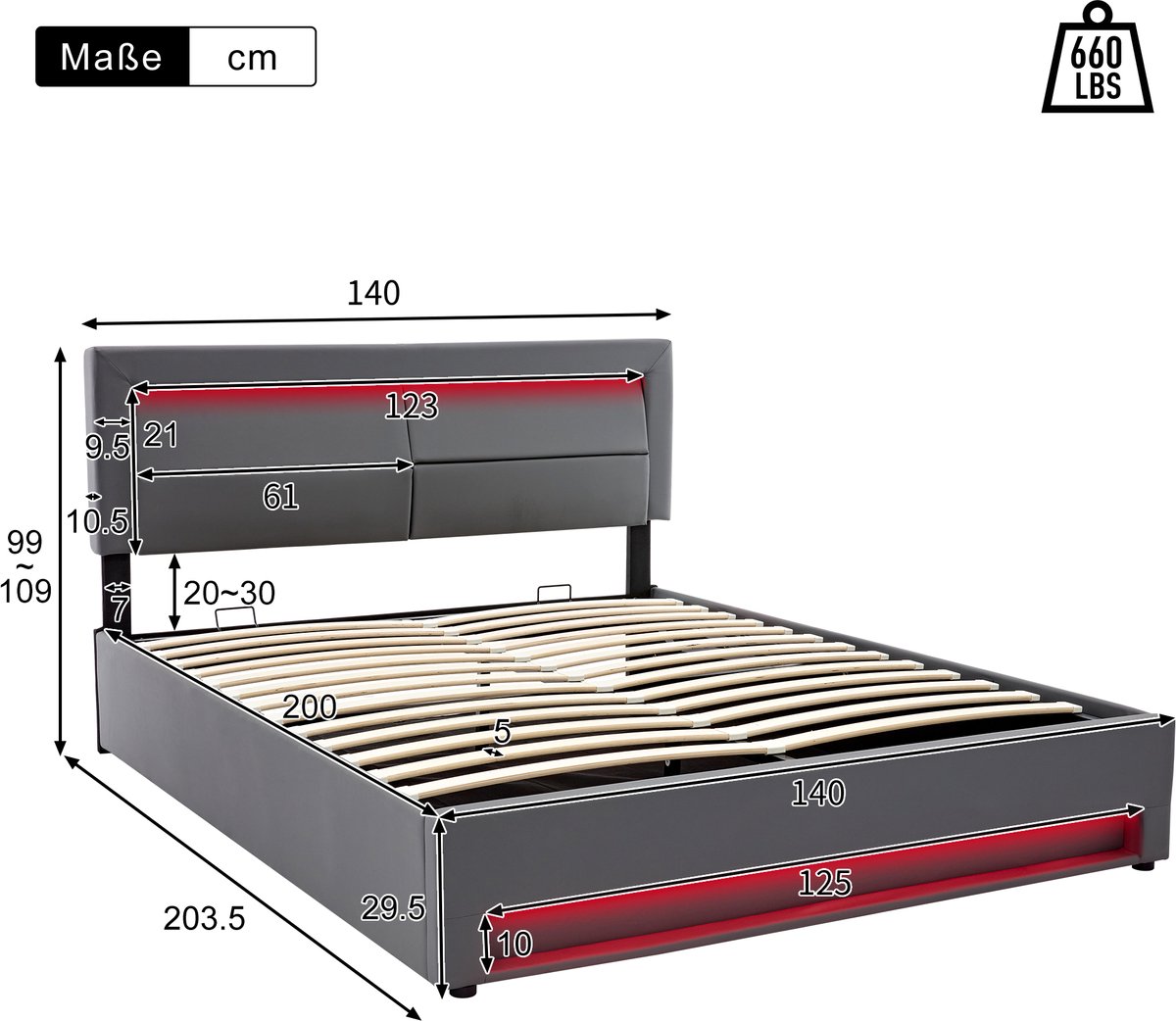 AURA LUMEN Gestoffeerd bed Twijfelaarbed 140 x 200 cm met opbergruimte LED-beleuchtung en USB-aansluiting Grijs-Zonder matras
