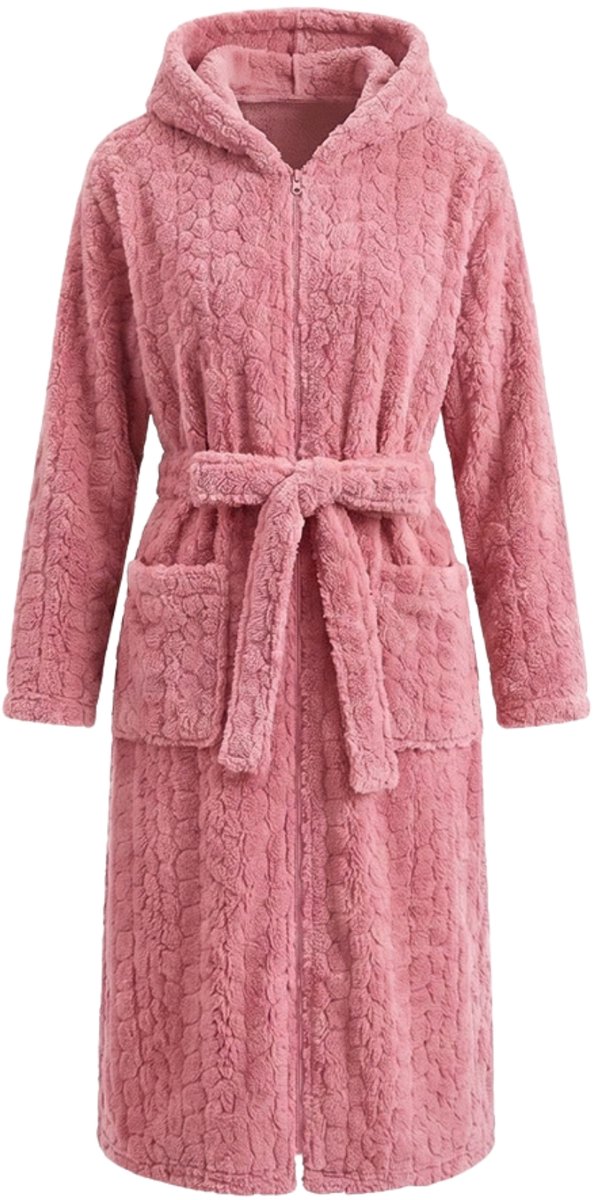 Charlie Choe - Limited Collections Badjas dames - zacht en warm fleece - teddy badjas extra lang - luxe dames badjas met rits, capuchon en ceintuur - trendy ochtendjas - Charlie Choe - roze