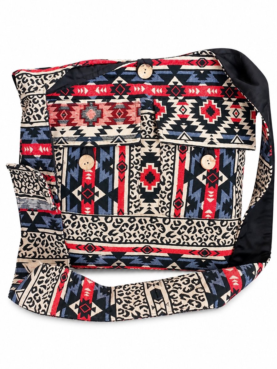 Hobotas Geweven Stof met Etnisch Patroon Beige-rood-zwart - (bxhxd) ca. 38cm x 34cm x 10cm