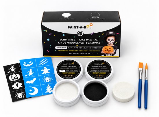 Paint-A-Boo Halloween Schmink Set – Zwart & Wit Waterbasis Face Paint met Sjablonen, Sponsje en 2 Penselen – Kinderschmink