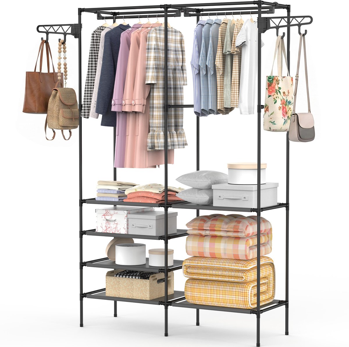 Arvioo Dubbel-kledingrek-102x32x170cm-Zwart-versterkt-met-accessoires