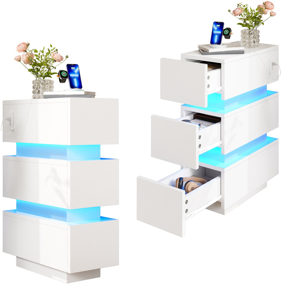 Ropilly mal Nachtkastje 20 cm Breed Set van 2 - Met LED Verlichting, USB & Type-C Oplaadpunt - 3 Lades - Wit Spaanplaat - Slaapkamer