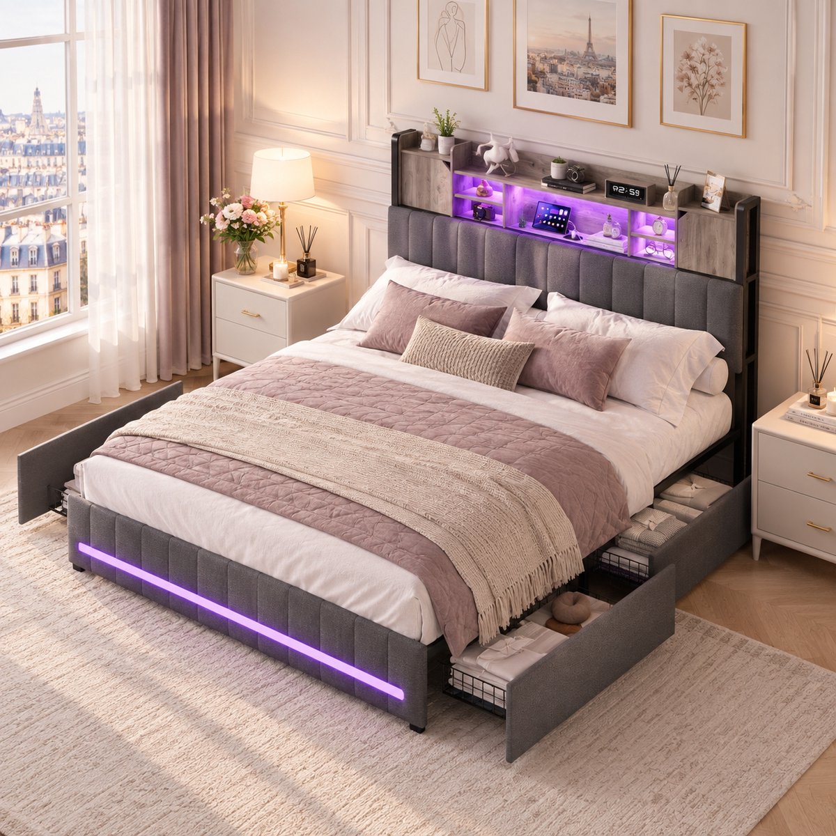 MEXUS Tweepersoonsbed 140x200 cm met 4 lades, bedframe 140x200 met ledverlichting en USB-poort, Gestoffeerd hoofdbord met opbergruimte, lattenbodem, linnen Grijs