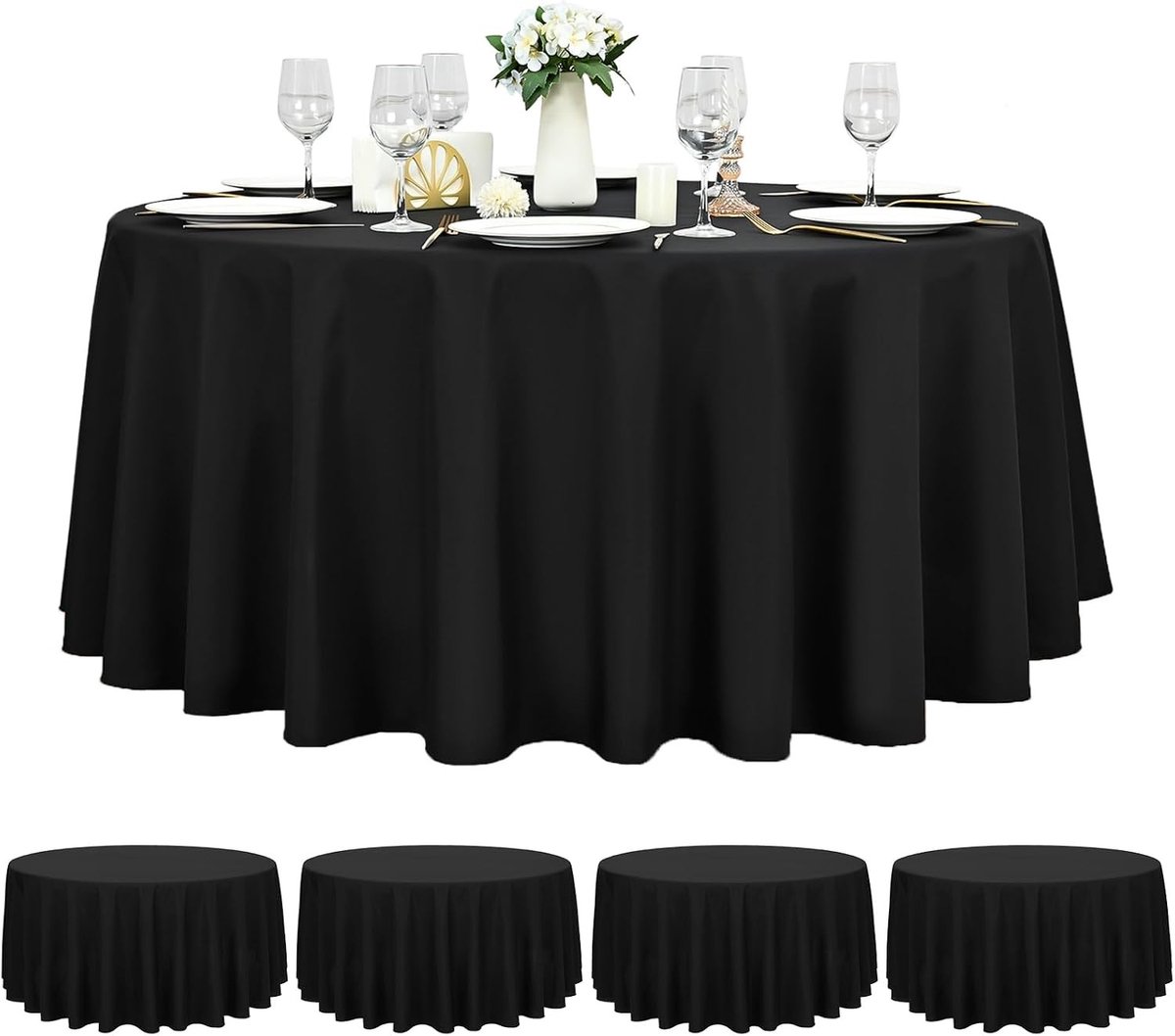 Ronde Tafellakens 90 Inch - 4 Stuks Zwart Polyester Waterdicht en Kleurvast - Ideaal voor Bruiloften, Feesten en Buffetten