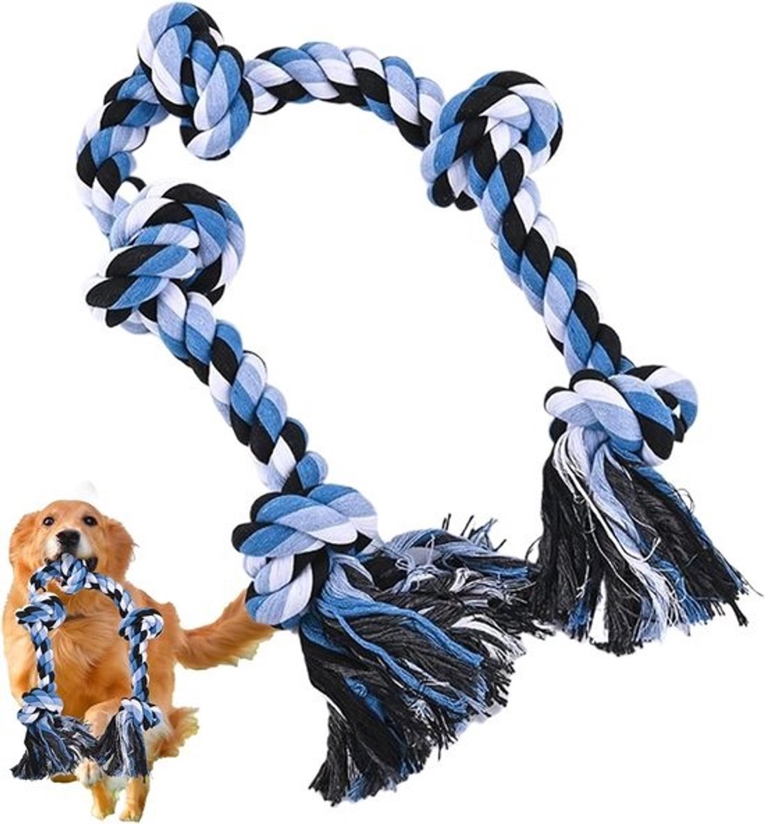 Hondentouw voor tandreiniging - Puppyspeelgoed - Kauwspeelgoed - Bijttrainingsspel - Kauwbestendig katoen - 28 x 20 x 8 cm - Blauw en wit