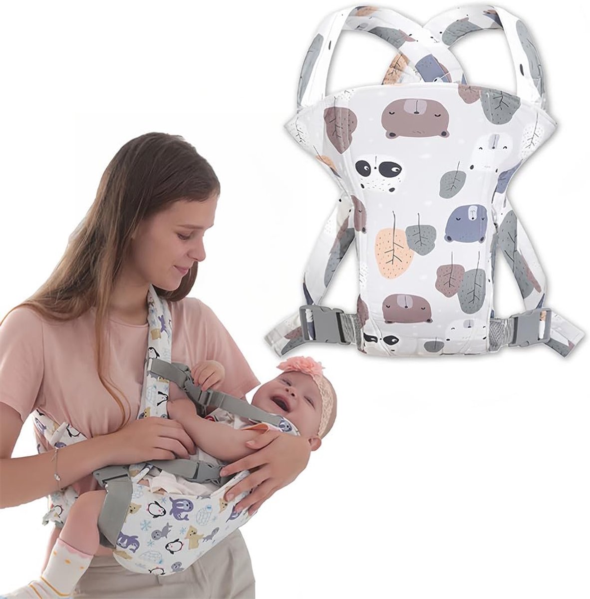Ergonomische babydrager, draagzak voor op de buik en rug, verstelbare draagzak voor baby's en peuters, ideaal voor wandelen, lichtgewicht en ademend katoen, voor pasgeborenen en baby's van 3,5 tot 15 kg