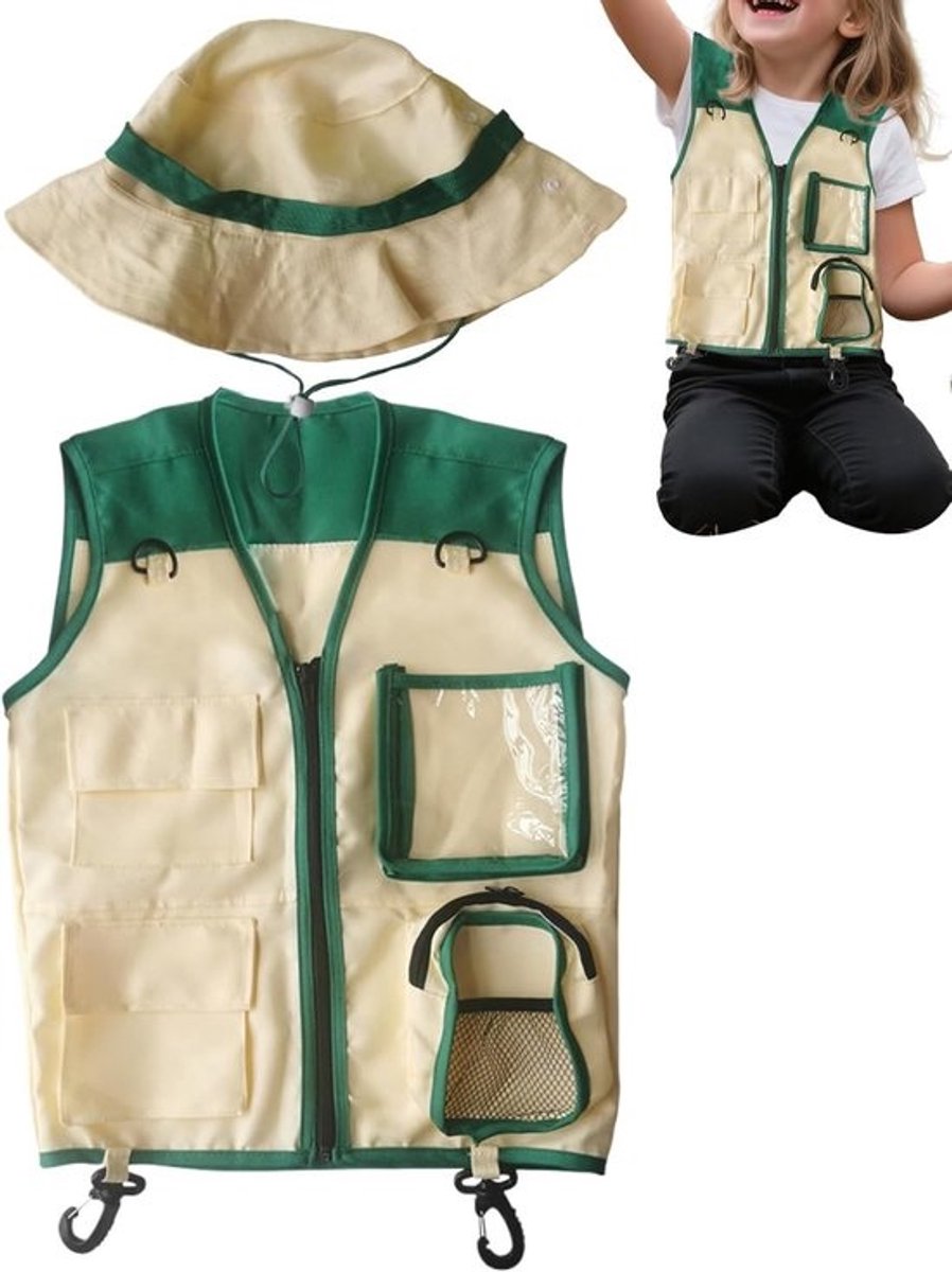 Kinderen Explorer vest - Avontuurset - Buiten spelen - Inclusief hoed - 48 cm lengte - Groen